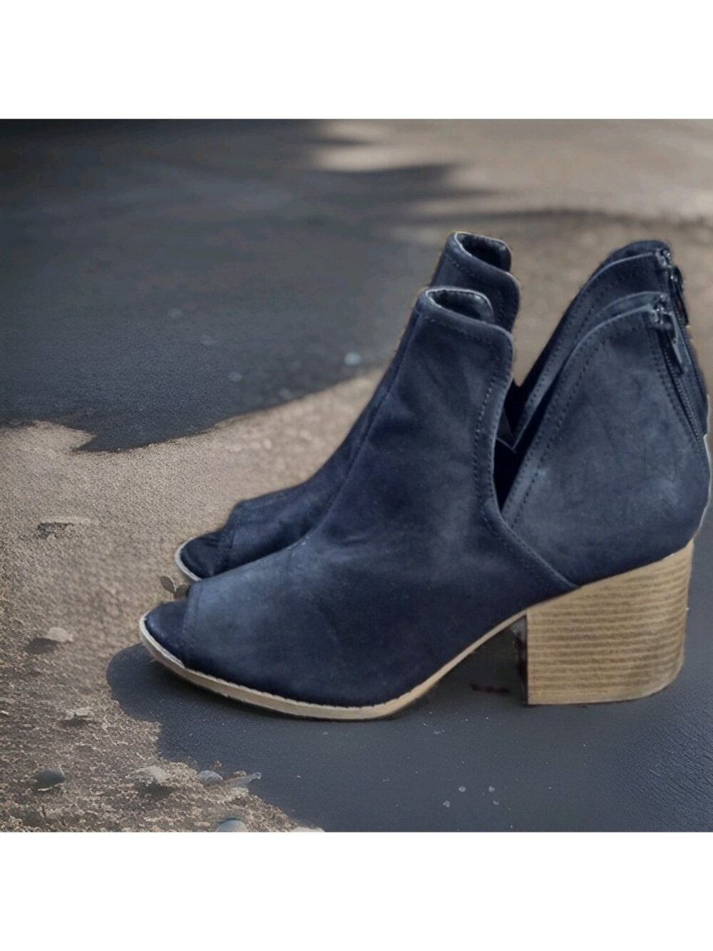 J. Adams Tabs Bootie Black Suede Peep Toe Block Heel Boots Women's Size 9
